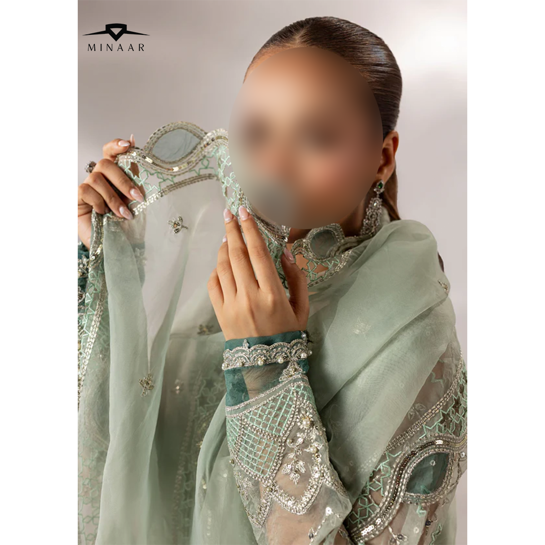 Mint green embroidered organza kurta set with straight trouser and organza dupatta, ideal for festive and party wear