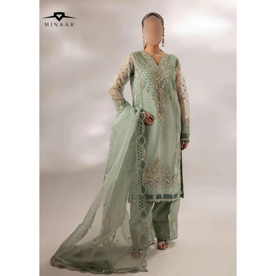 Mint green embroidered organza kurta set with straight trouser and organza dupatta, ideal for festive and party wear