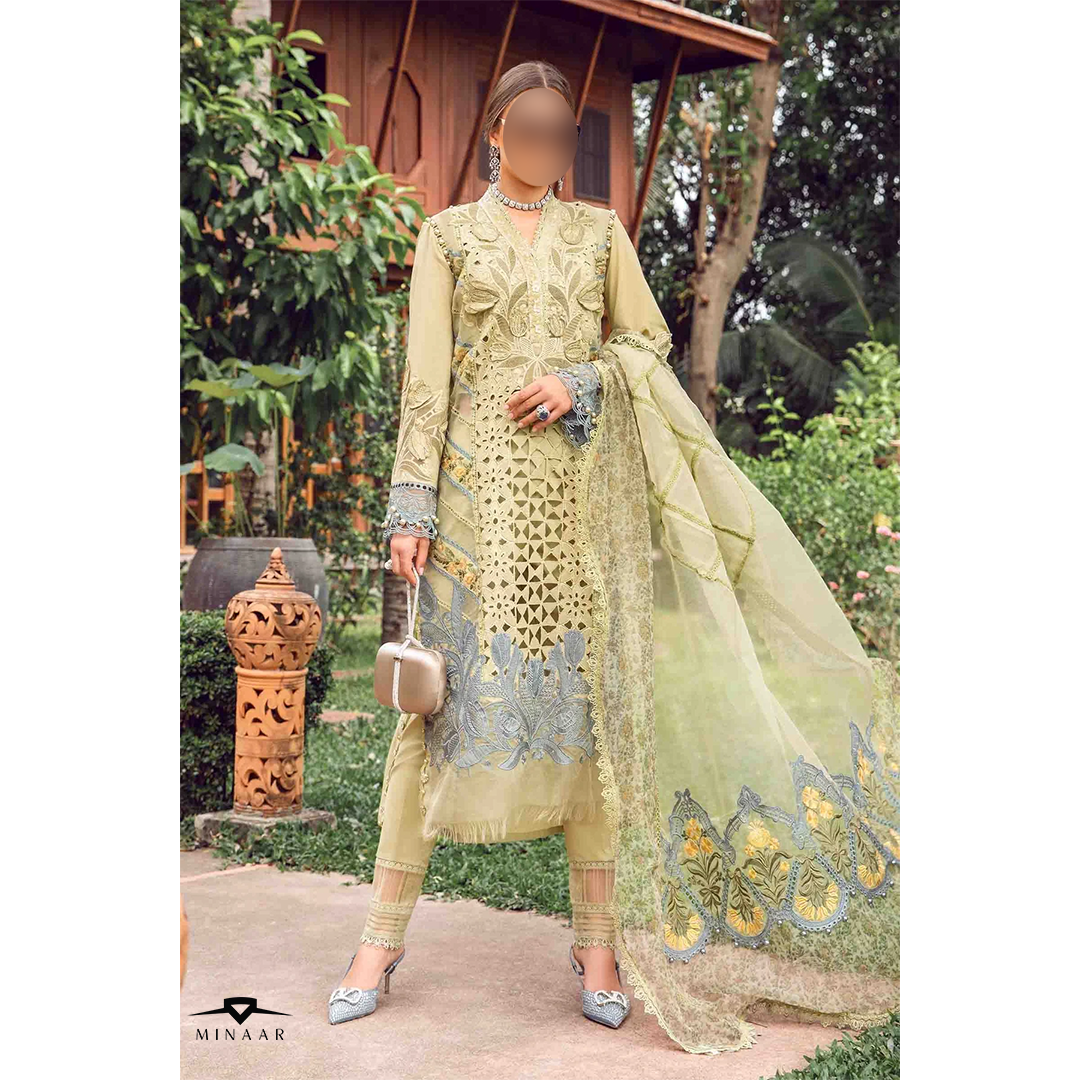 Stitched embroidered lawn dress with 3D flowers and organza patches
