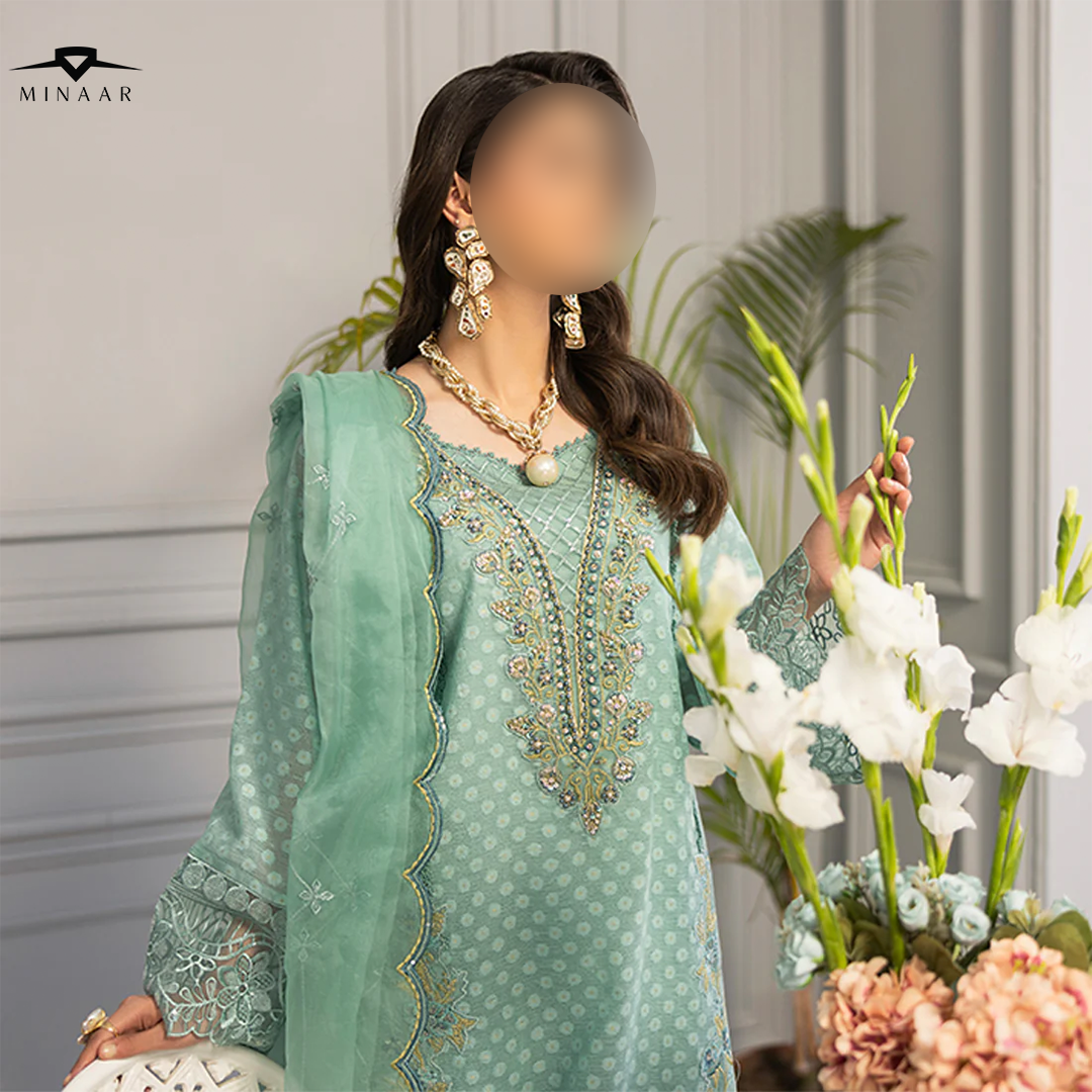 Aqua hand-embellished Khaddi Cotton Net shirt with embroidered border, organza dupatta with embroidered pallu, and Russian Grip trouser