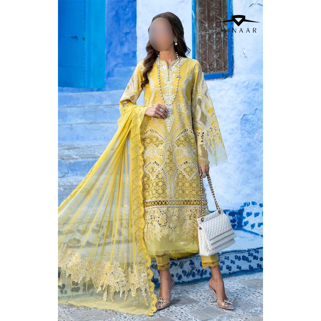 Lime yellow chikankari lawn 3 piece outfit with chiffon dupatta