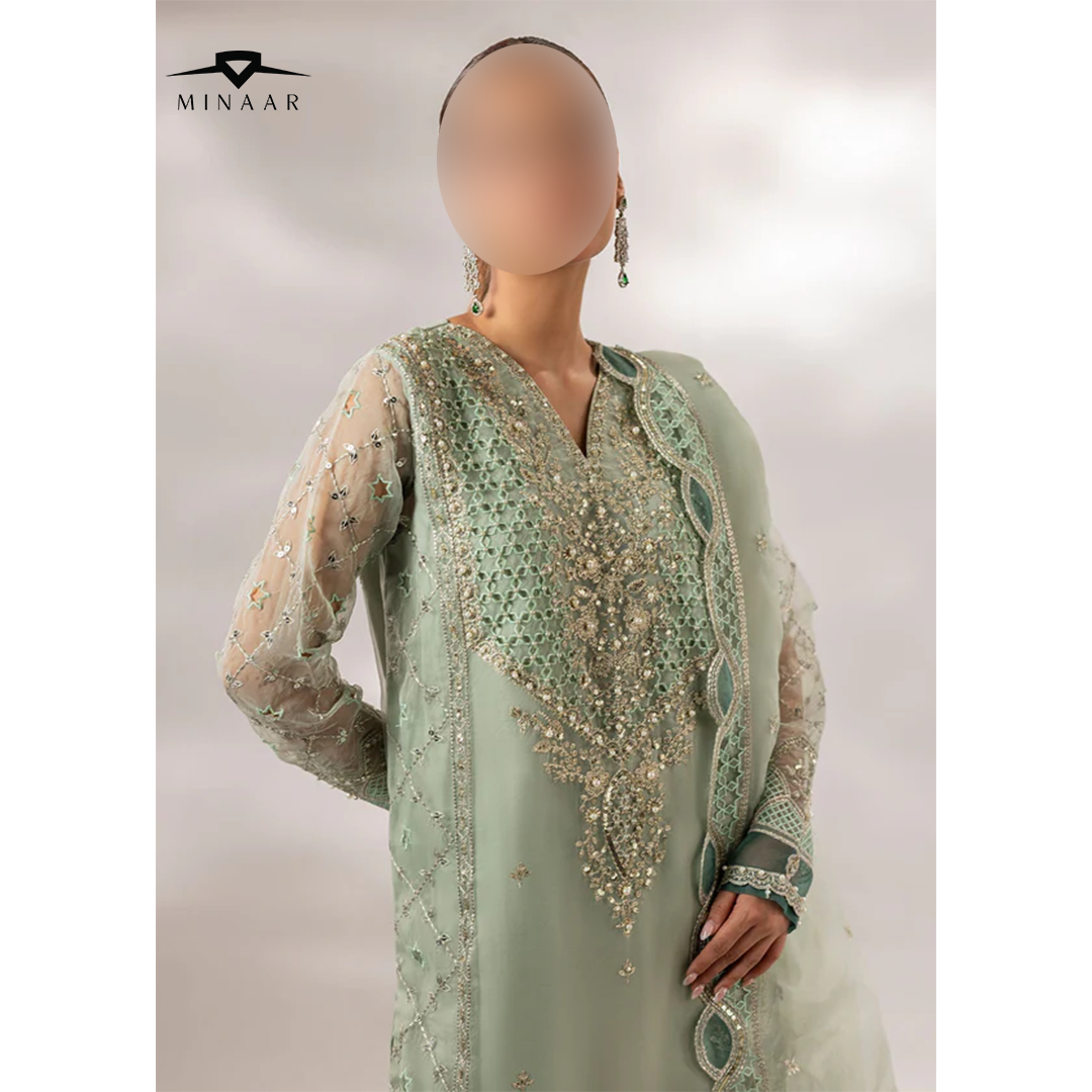 Mint green embroidered organza kurta set with straight trouser and organza dupatta, ideal for festive and party wear