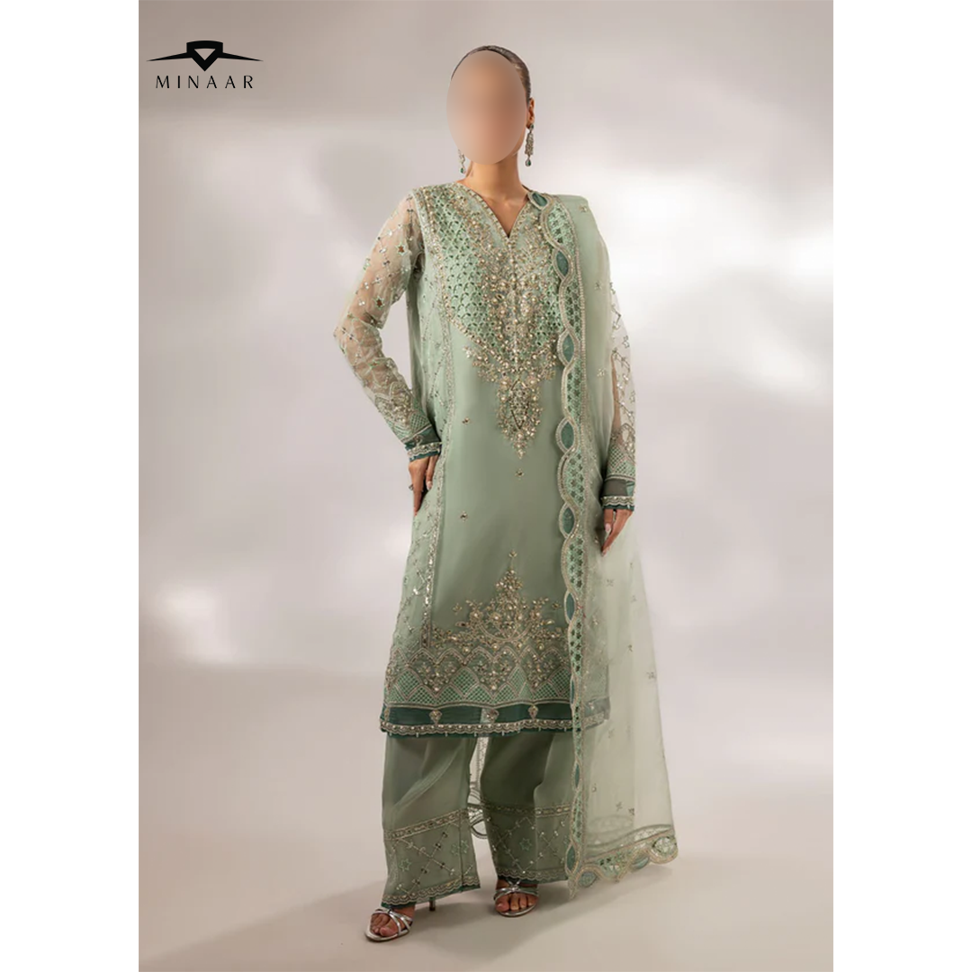 Mint green embroidered organza kurta set with straight trouser and organza dupatta, ideal for festive and party wear