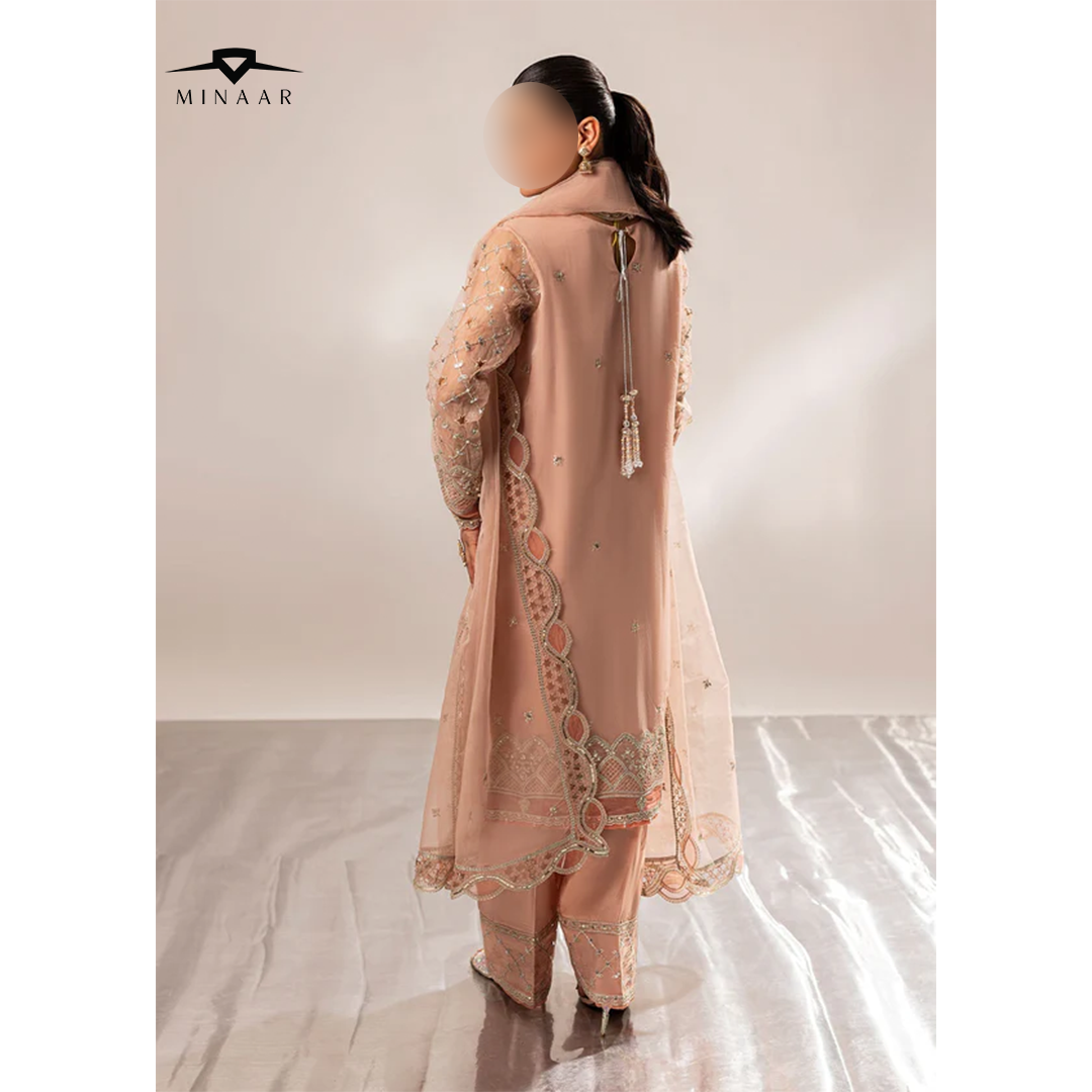 Peach pink organza 3-piece kurta set for women with embroidered kurta, straight trousers, and organza dupatta – festive and party wear outfit.