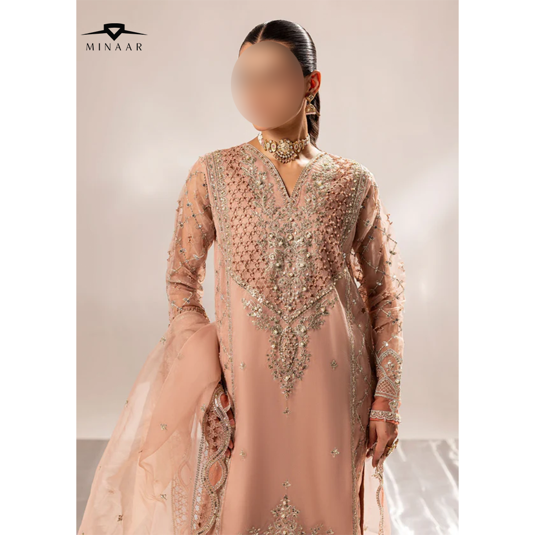 Peach pink organza 3-piece kurta set for women with embroidered kurta, straight trousers, and organza dupatta – festive and party wear outfit.