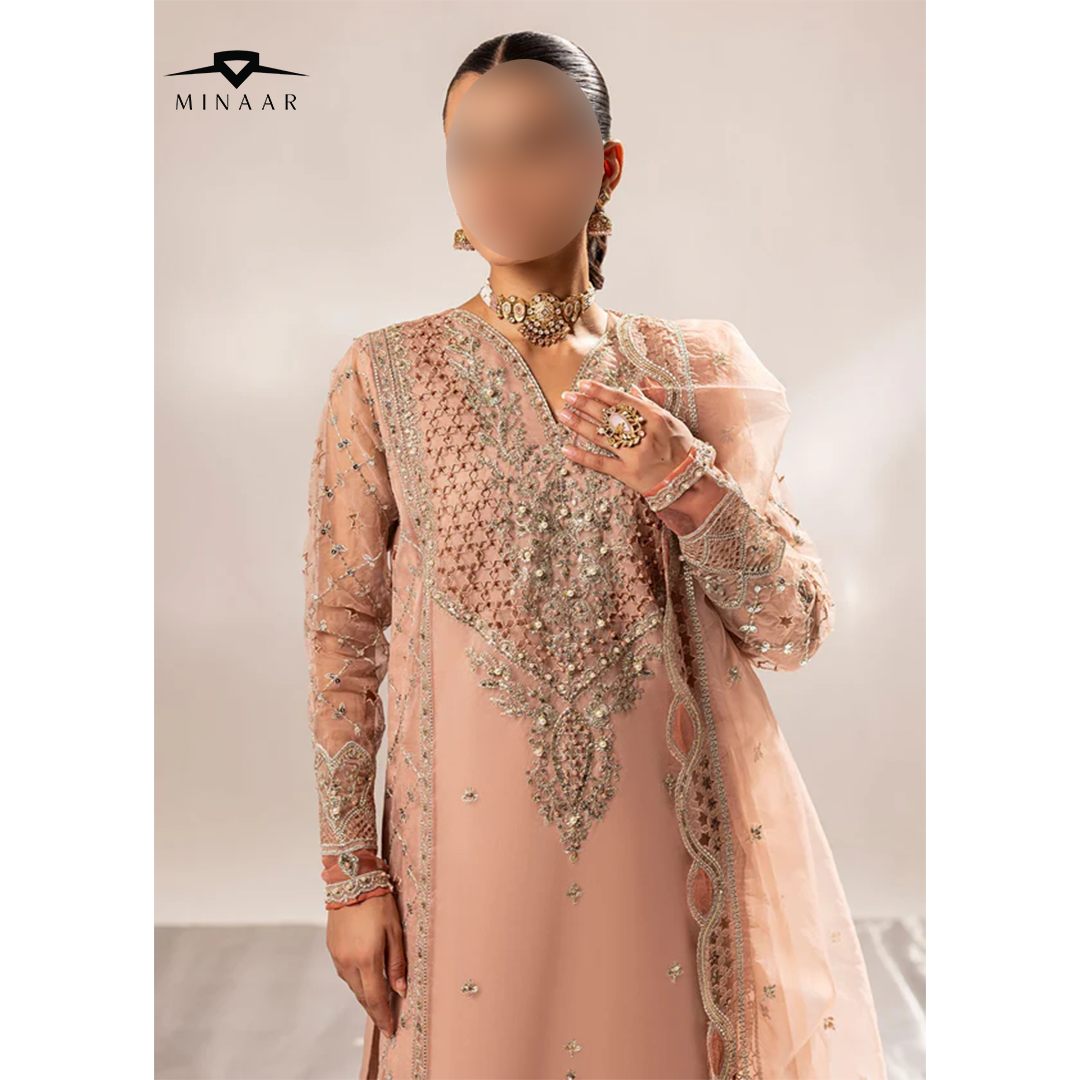 Peach pink organza 3-piece kurta set for women with embroidered kurta, straight trousers, and organza dupatta – festive and party wear outfit.