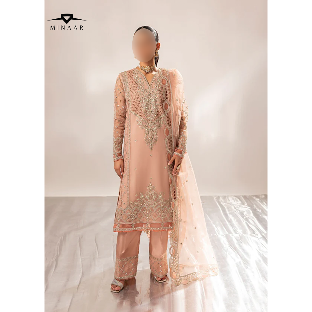 Peach pink organza 3-piece kurta set for women with embroidered kurta, straight trousers, and organza dupatta – festive and party wear outfit.