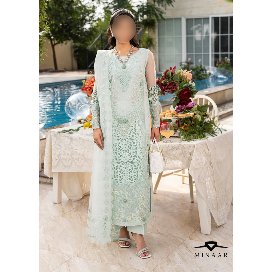 Mint green organza 3-piece kurta set for women with long embroidered kurta, viscose trousers, and organza dupatta – festive and party wear outfit.