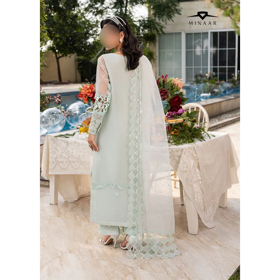 Mint green organza 3-piece kurta set for women with long embroidered kurta, viscose trousers, and organza dupatta – festive and party wear outfit.