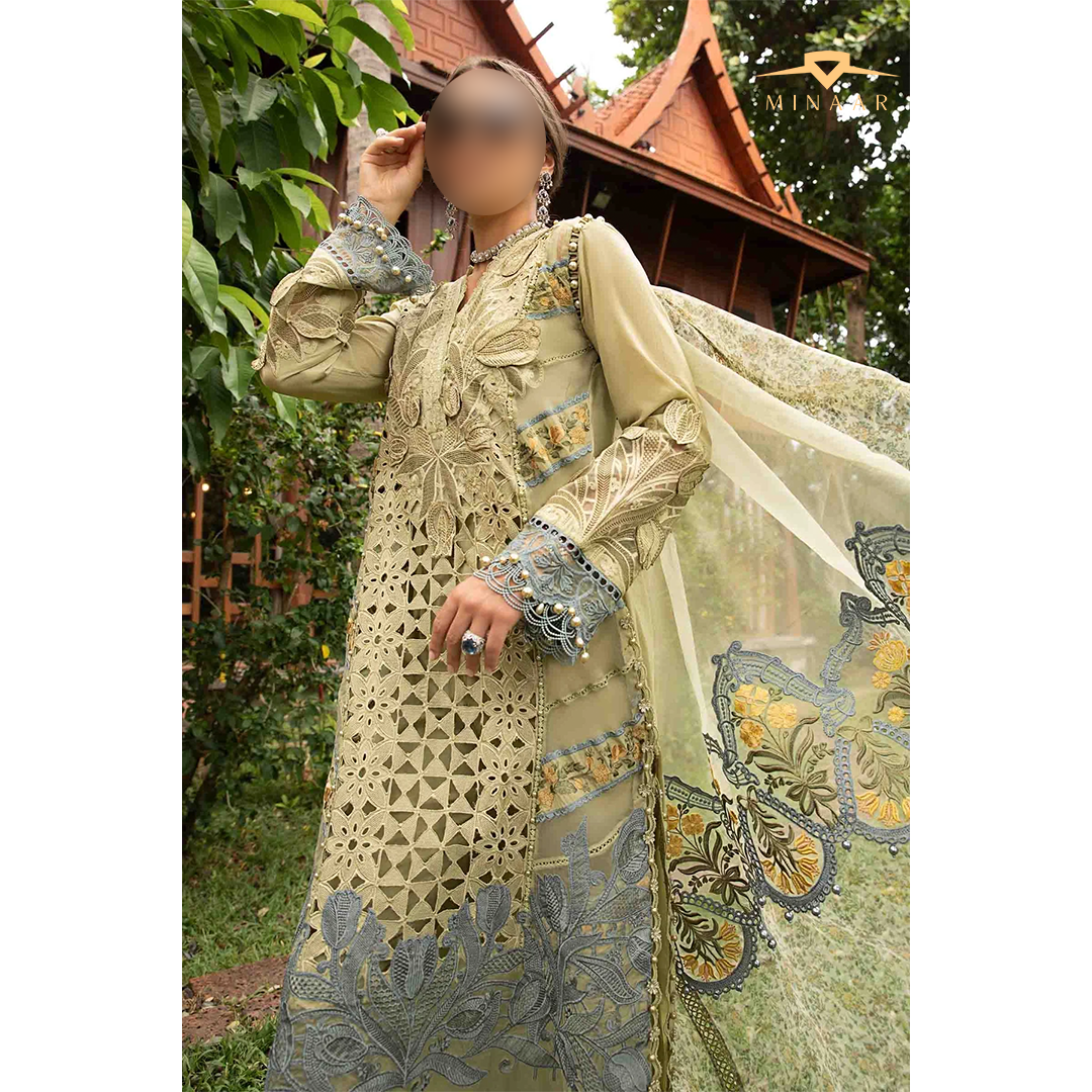 Women’s stitched embroidered lawn suit with organza sleeve design