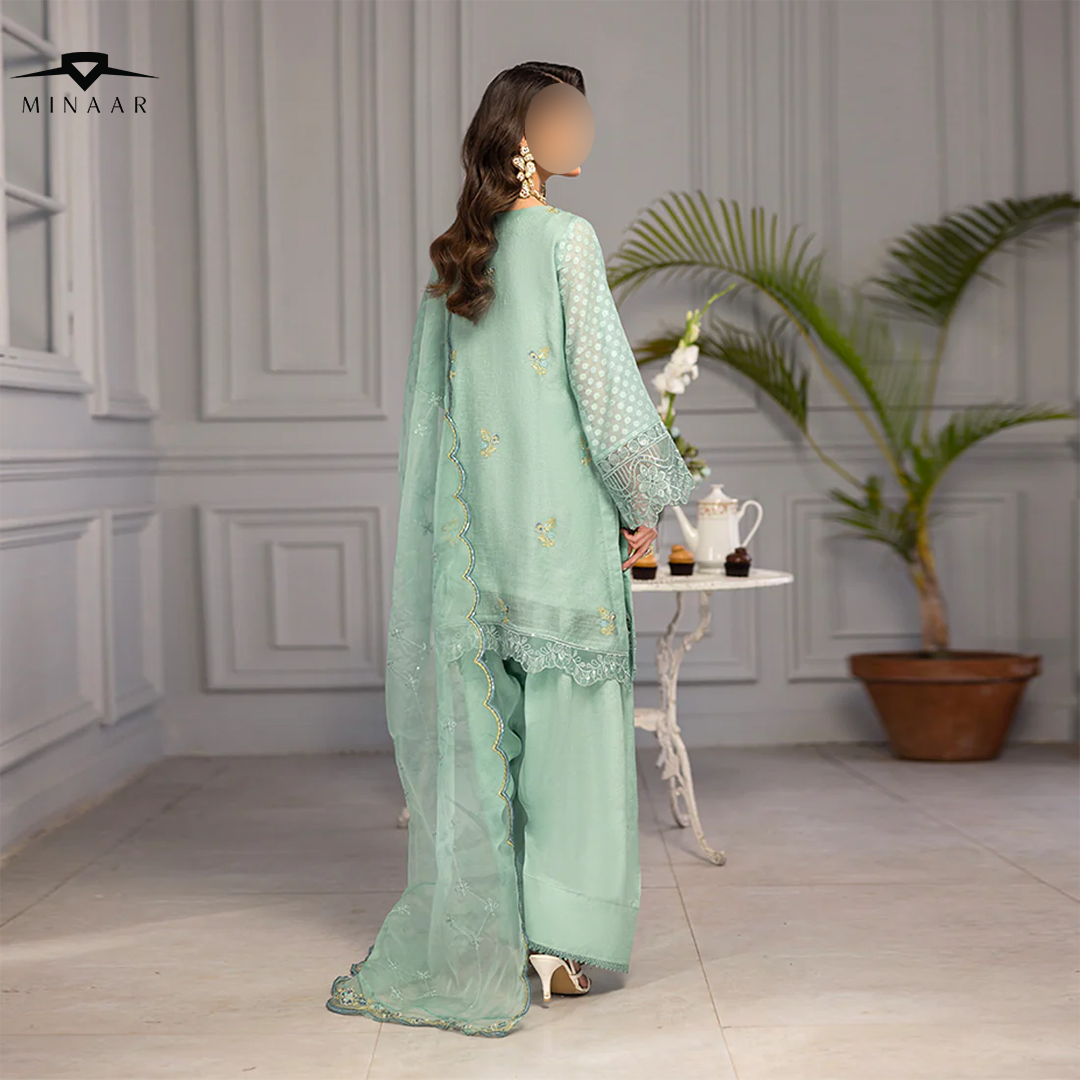 Aqua hand-embellished Khaddi Cotton Net shirt with embroidered border, organza dupatta with embroidered pallu, and Russian Grip trouser