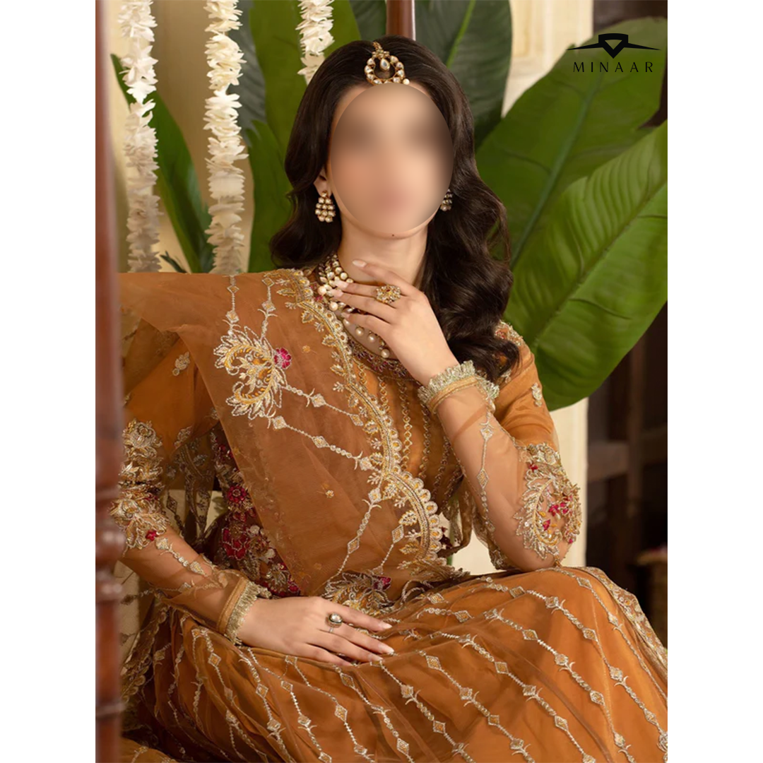 Rust orange embroidered net flared maxi with straight raw silk trouser and matching net dupatta – perfect for festive and party occasions