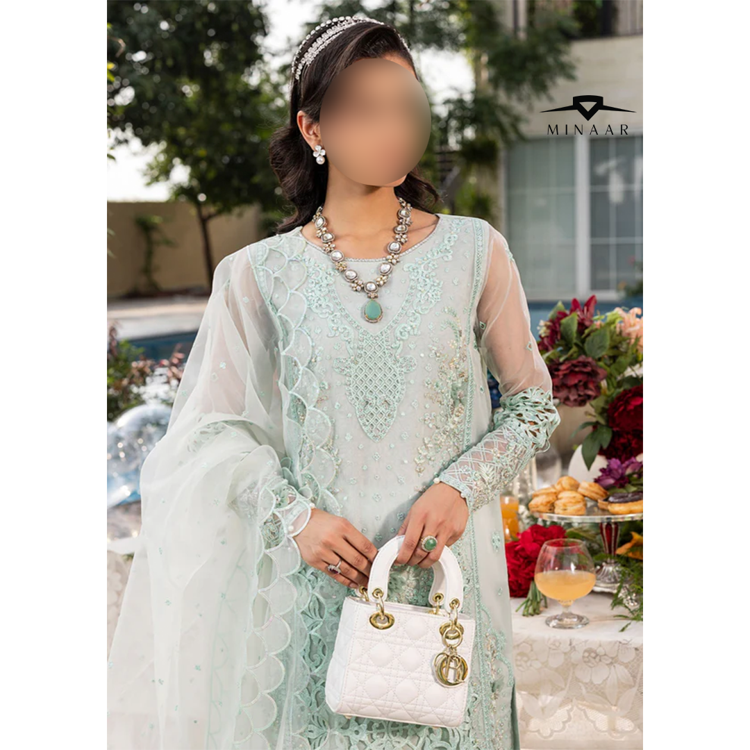 Mint green organza 3-piece kurta set for women with long embroidered kurta, viscose trousers, and organza dupatta – festive and party wear outfit.