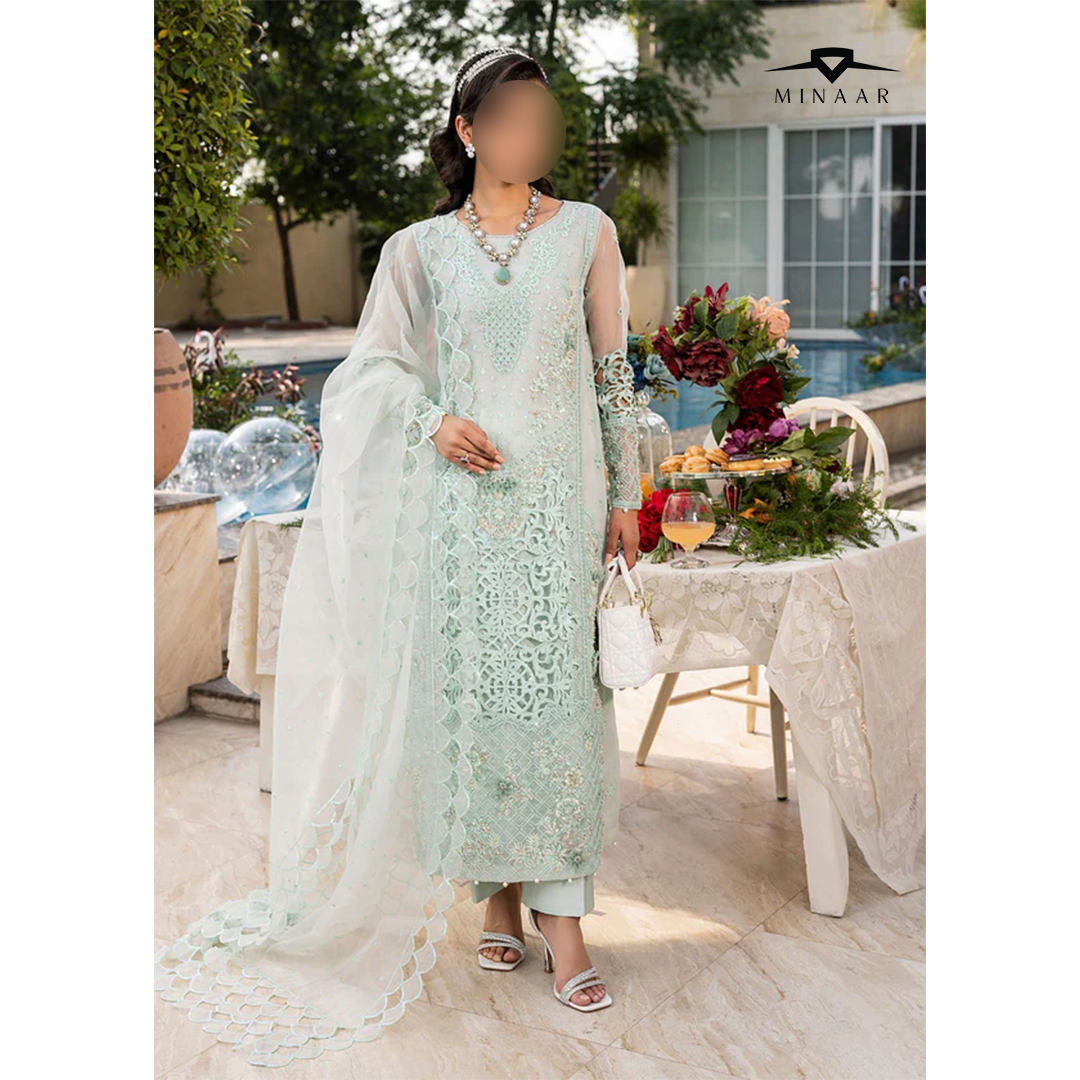 Mint green organza 3-piece kurta set for women with long embroidered kurta, viscose trousers, and organza dupatta – festive and party wear outfit.