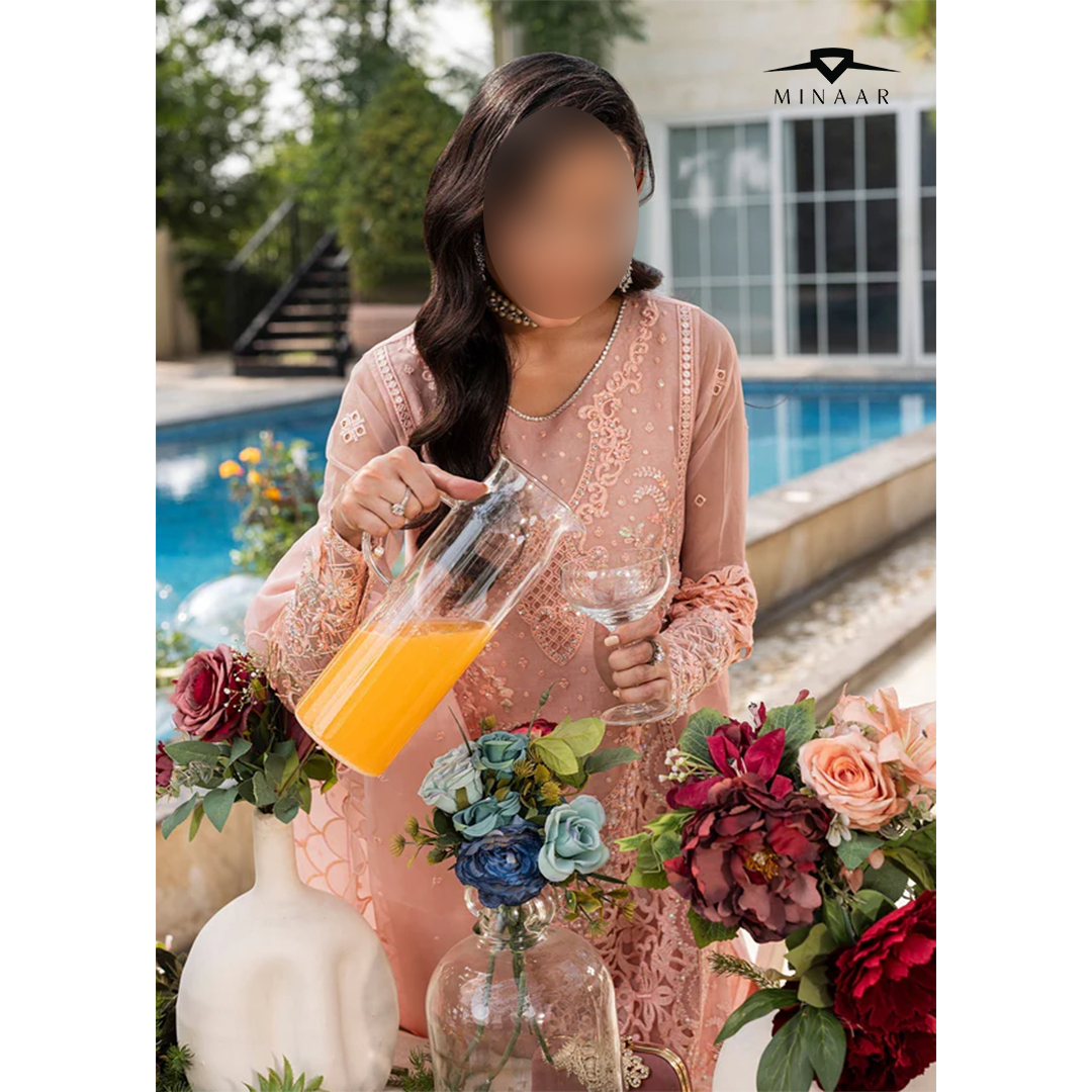 Peach pink organza 3-piece kurta set for women featuring long embroidered kurta, straight viscose trouser, and organza dupatta – festive and party wear outfit.
