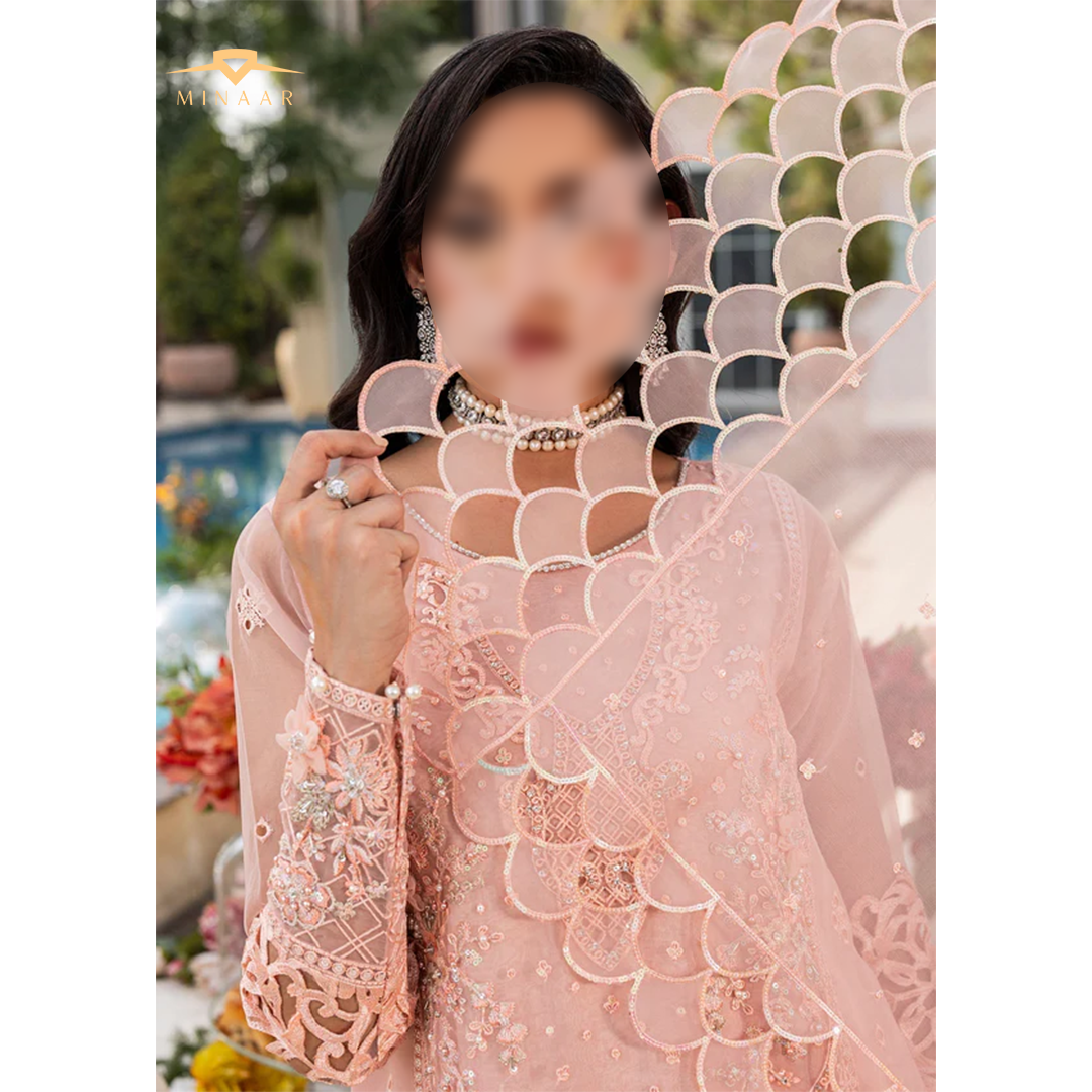 Peach pink organza 3-piece kurta set for women featuring long embroidered kurta, straight viscose trouser, and organza dupatta – festive and party wear outfit.