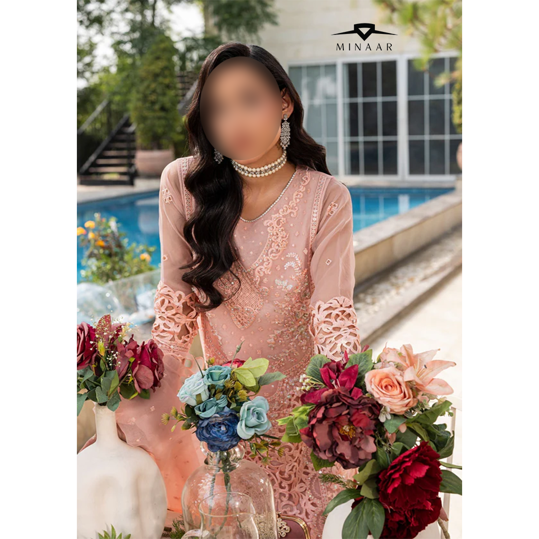 Peach pink organza 3-piece kurta set for women featuring long embroidered kurta, straight viscose trouser, and organza dupatta – festive and party wear outfit.