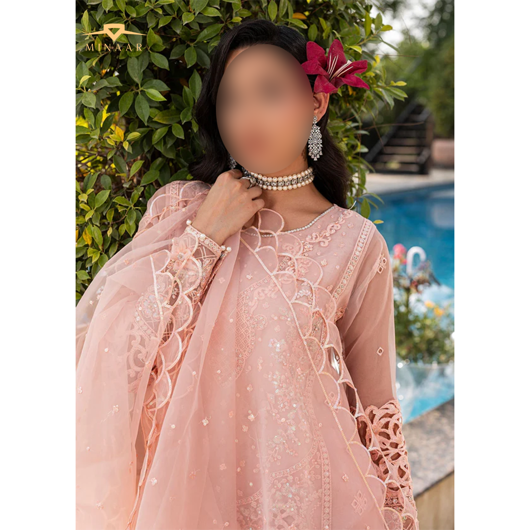 Peach pink organza 3-piece kurta set for women featuring long embroidered kurta, straight viscose trouser, and organza dupatta – festive and party wear outfit.