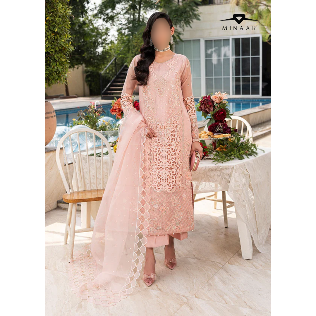 Peach pink organza 3-piece kurta set for women featuring long embroidered kurta, straight viscose trouser, and organza dupatta – festive and party wear outfit.