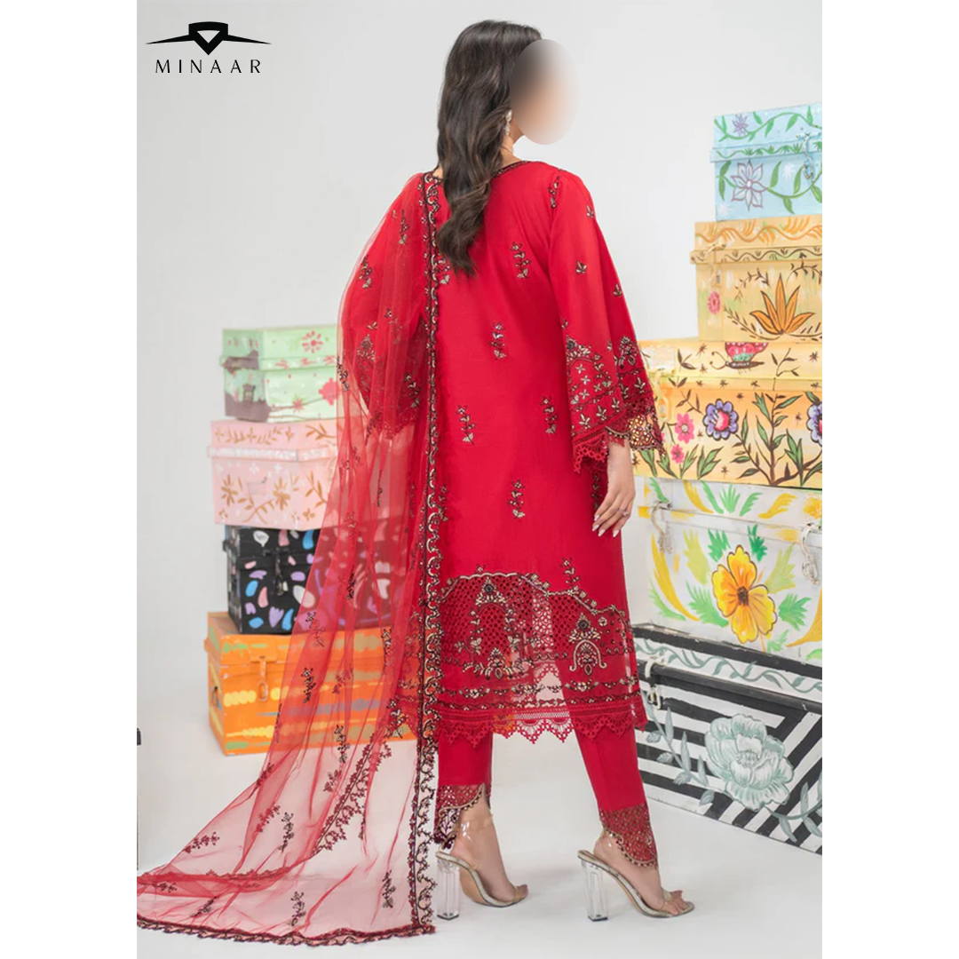 Red cotton 3-piece kurta set for women featuring long kurta, straight trouser, and net dupatta – festive and party wear outfit.