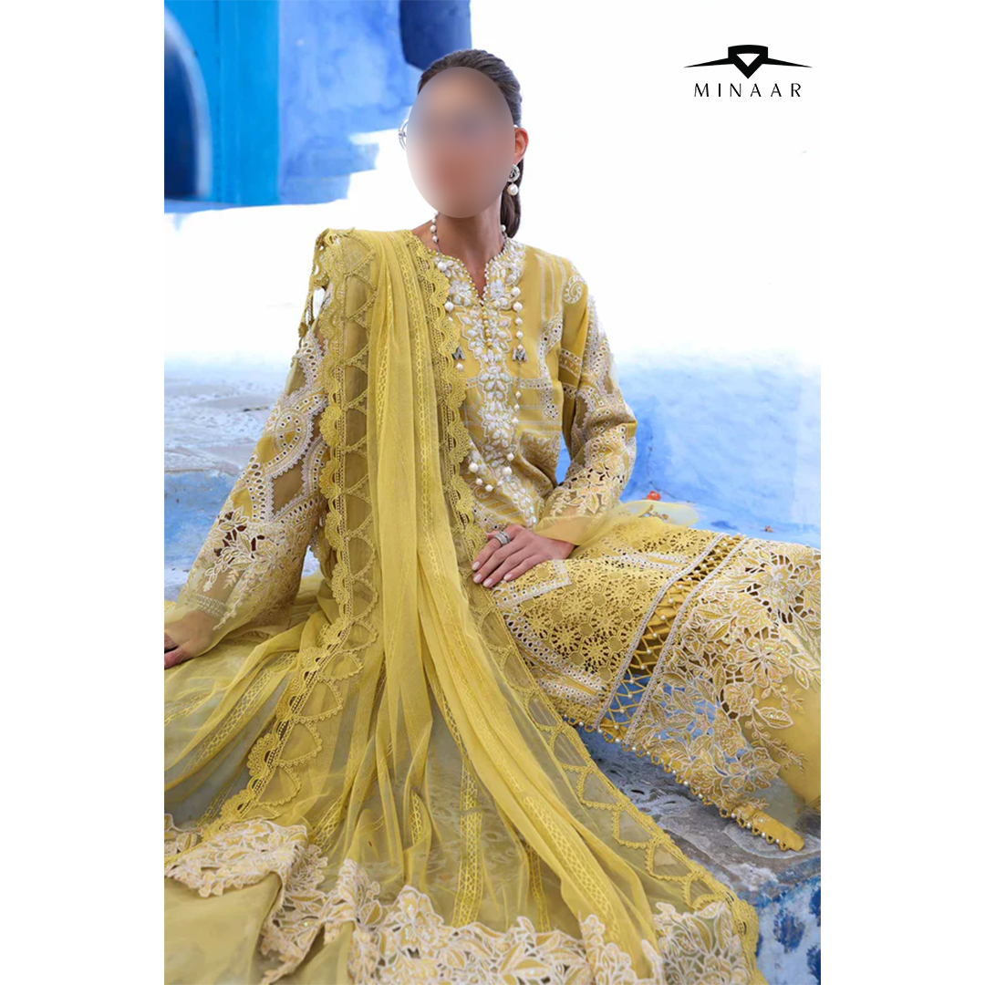 Embroidered organza sleeve patch with chikankari lawn shirt