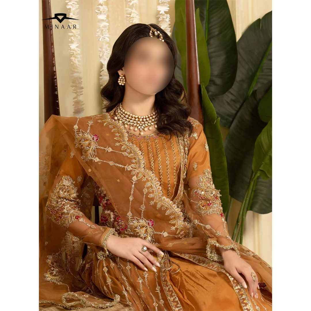 Rust orange embroidered net flared maxi with straight raw silk trouser and matching net dupatta – perfect for festive and party occasions