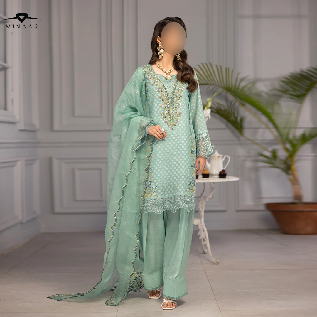 Aqua hand-embellished Khaddi Cotton Net shirt with embroidered border, organza dupatta with embroidered pallu, and Russian Grip trouser