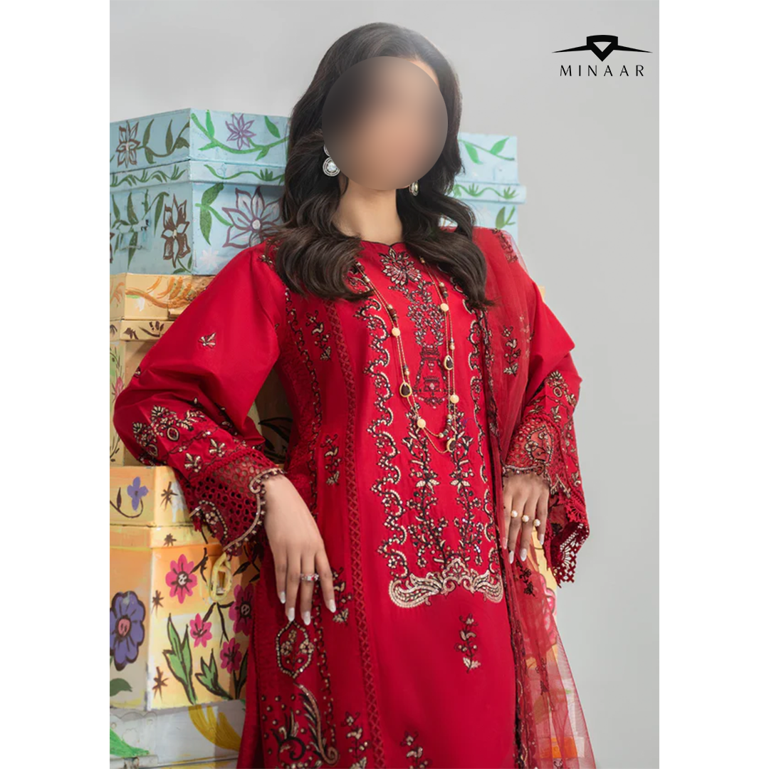 Red cotton 3-piece kurta set for women featuring long kurta, straight trouser, and net dupatta – festive and party wear outfit.