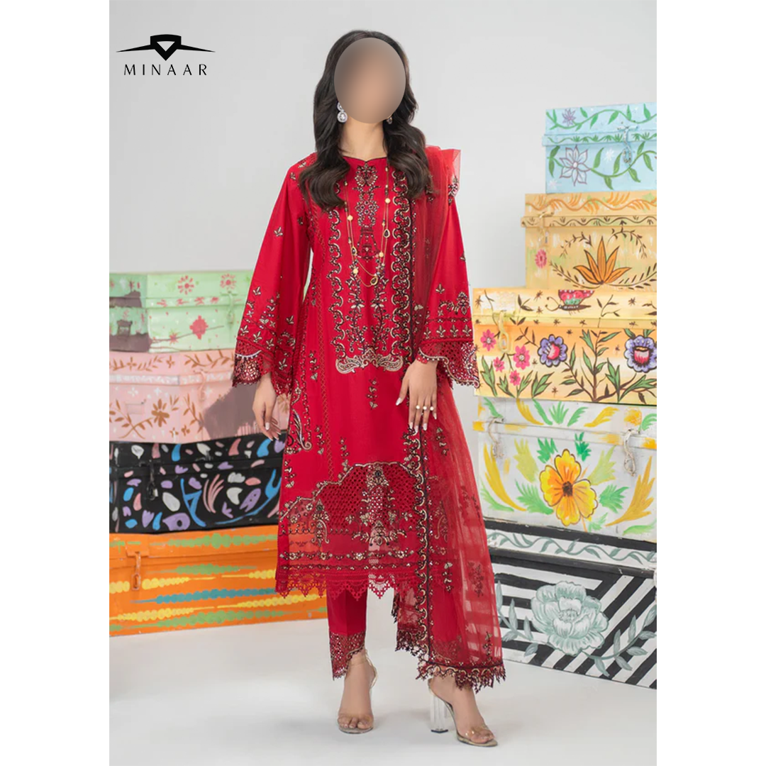 Red cotton 3-piece kurta set for women featuring long kurta, straight trouser, and net dupatta – festive and party wear outfit.
