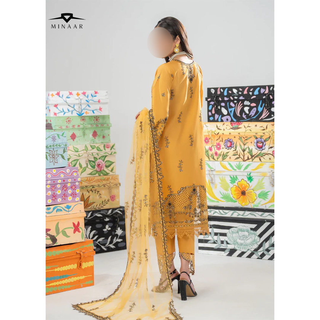 Yellow cotton 3-piece kurta set for women featuring long kurta, straight trouser, and net dupatta – festive and party wear outfit.