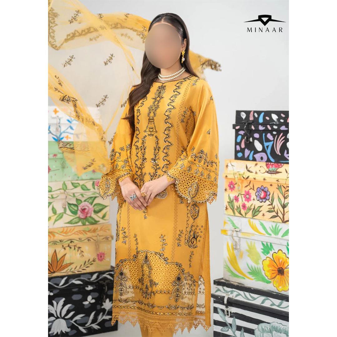 Yellow cotton 3-piece kurta set for women featuring long kurta, straight trouser, and net dupatta – festive and party wear outfit.