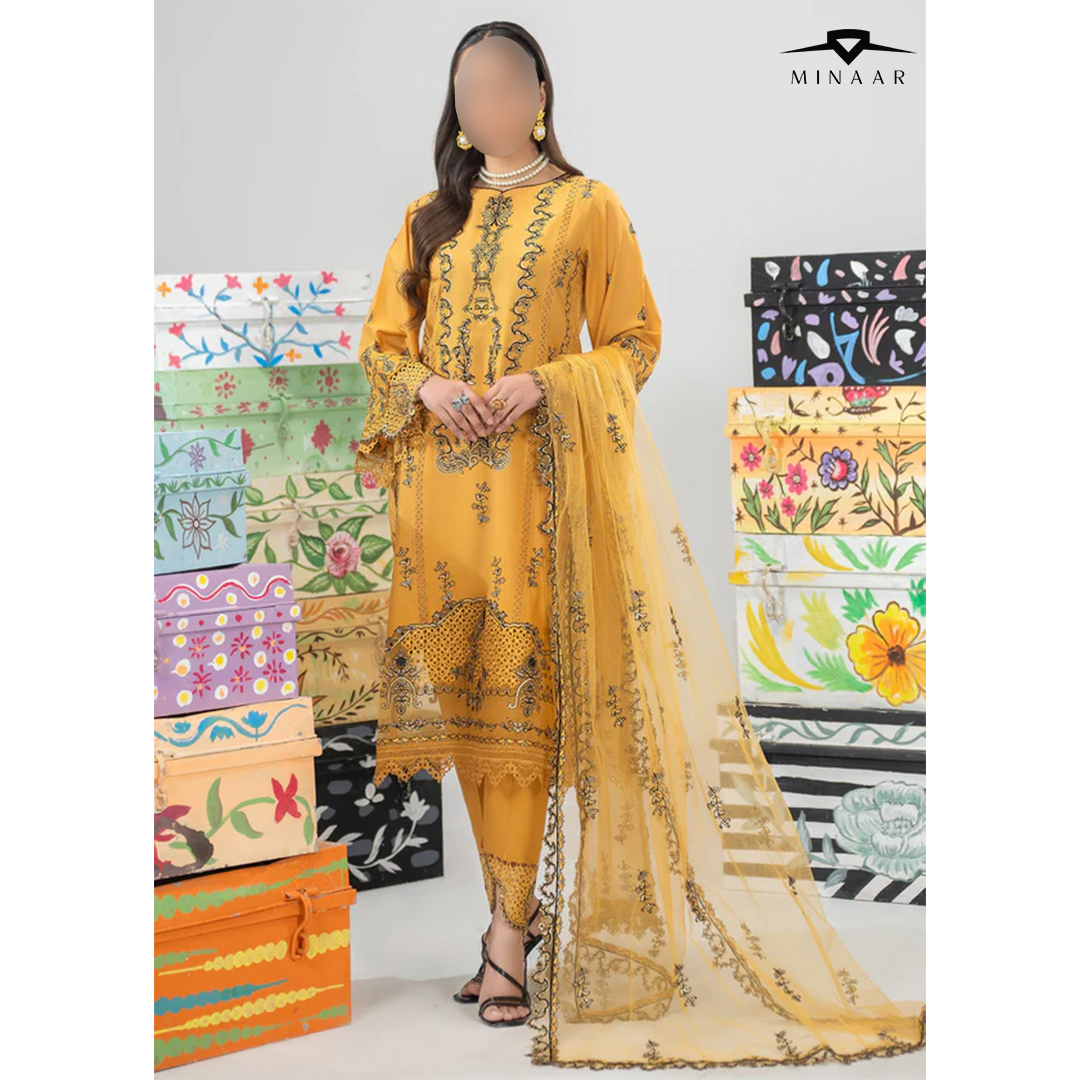 Yellow cotton 3-piece kurta set for women featuring long kurta, straight trouser, and net dupatta – festive and party wear outfit.