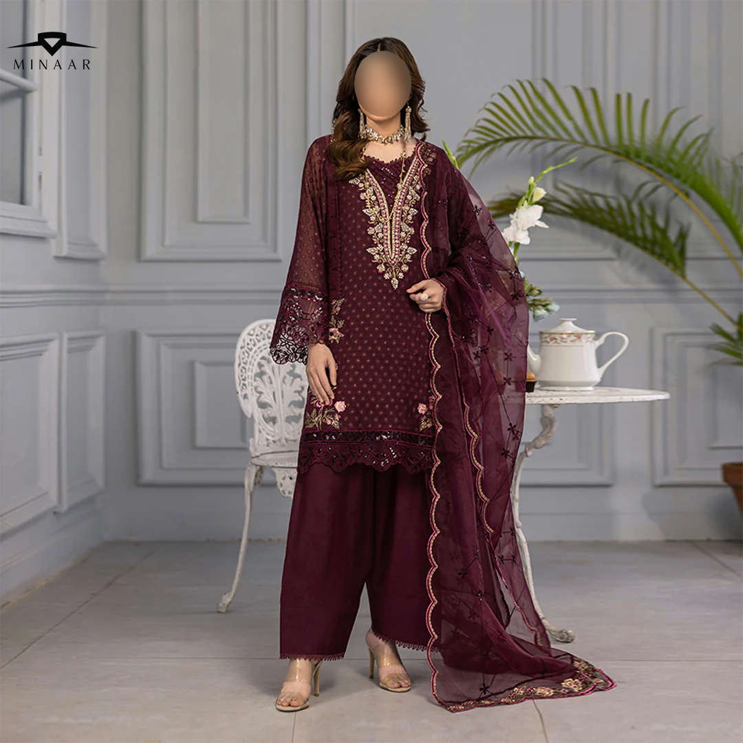 Plum base hand-embellished cotton net shirt with embroidered border, organza dupatta with finished pallu, and Russian Grip trouser