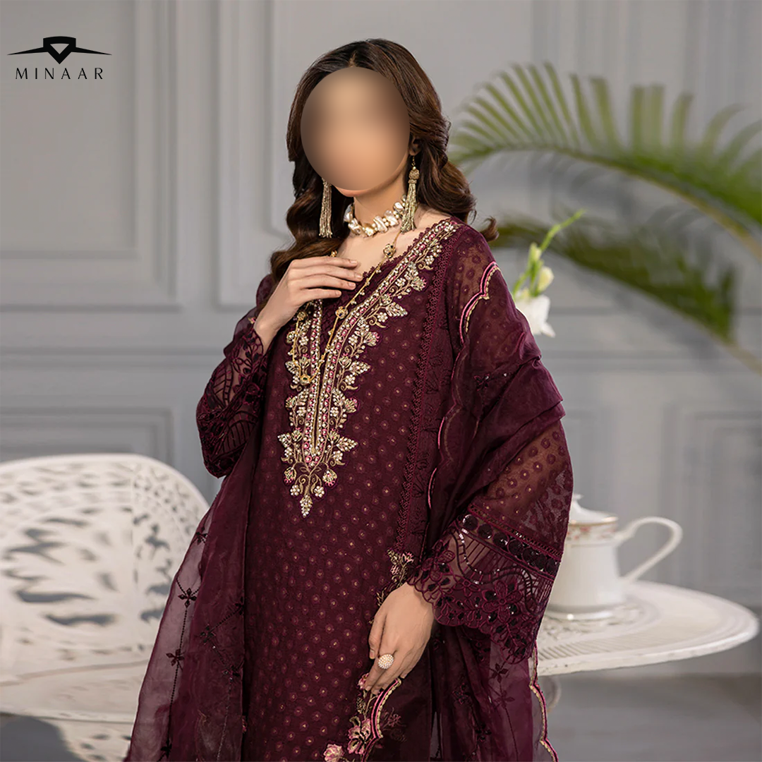Plum base hand-embellished cotton net shirt with embroidered border, organza dupatta with finished pallu, and Russian Grip trouser