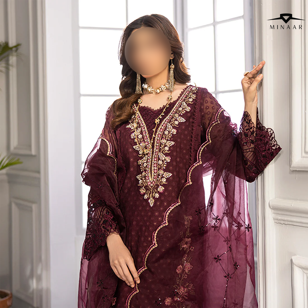 Plum base hand-embellished cotton net shirt with embroidered border, organza dupatta with finished pallu, and Russian Grip trouser