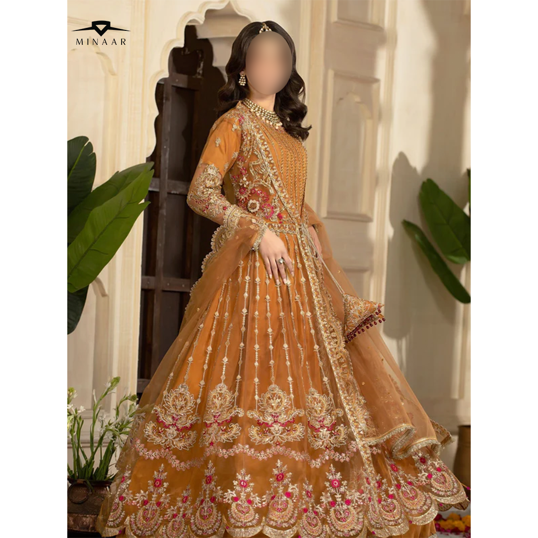 Rust orange embroidered net flared maxi with straight raw silk trouser and matching net dupatta – perfect for festive and party occasions