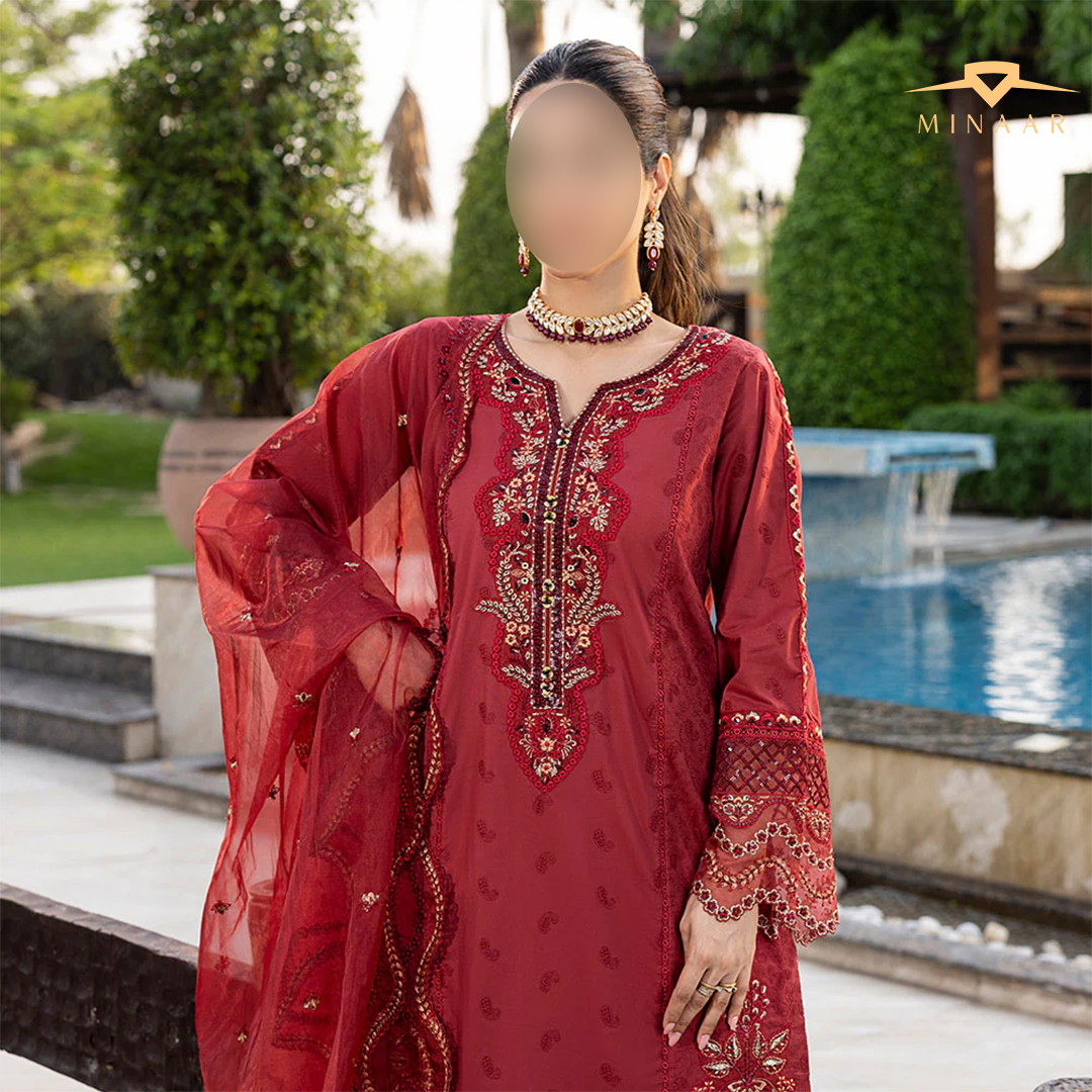 Ruby red Schiffli embroidered cotton suit with lace buttons, Farshi shalwar, and organza dupatta finished with embroidered pallu