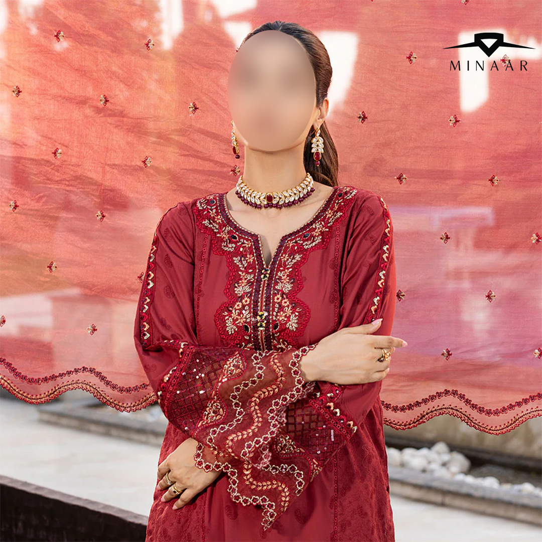 Ruby red Schiffli embroidered cotton suit with lace buttons, Farshi shalwar, and organza dupatta finished with embroidered pallu