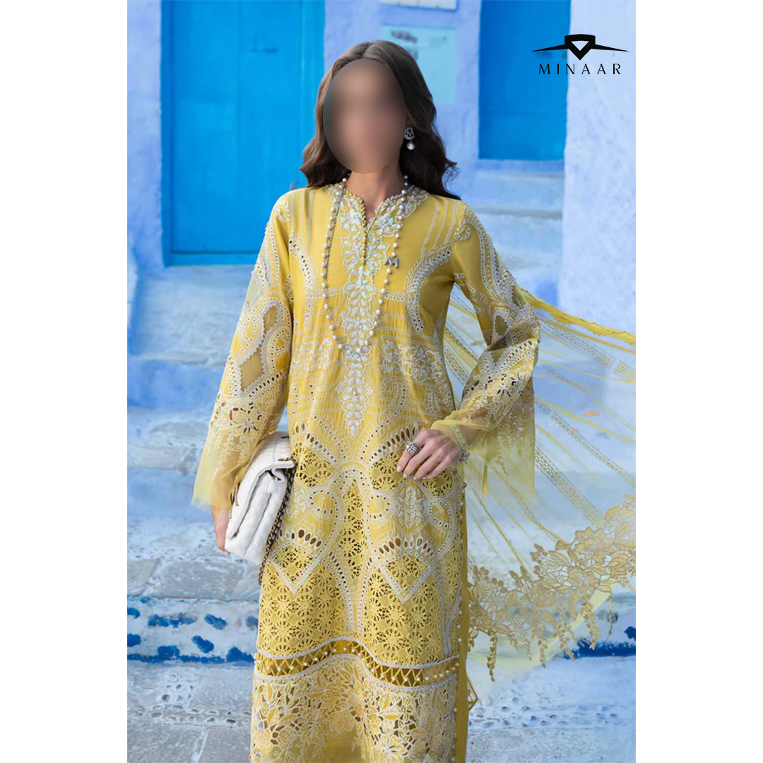 Stitched chikankari dress in lime yellow with embroidered ghera patch
