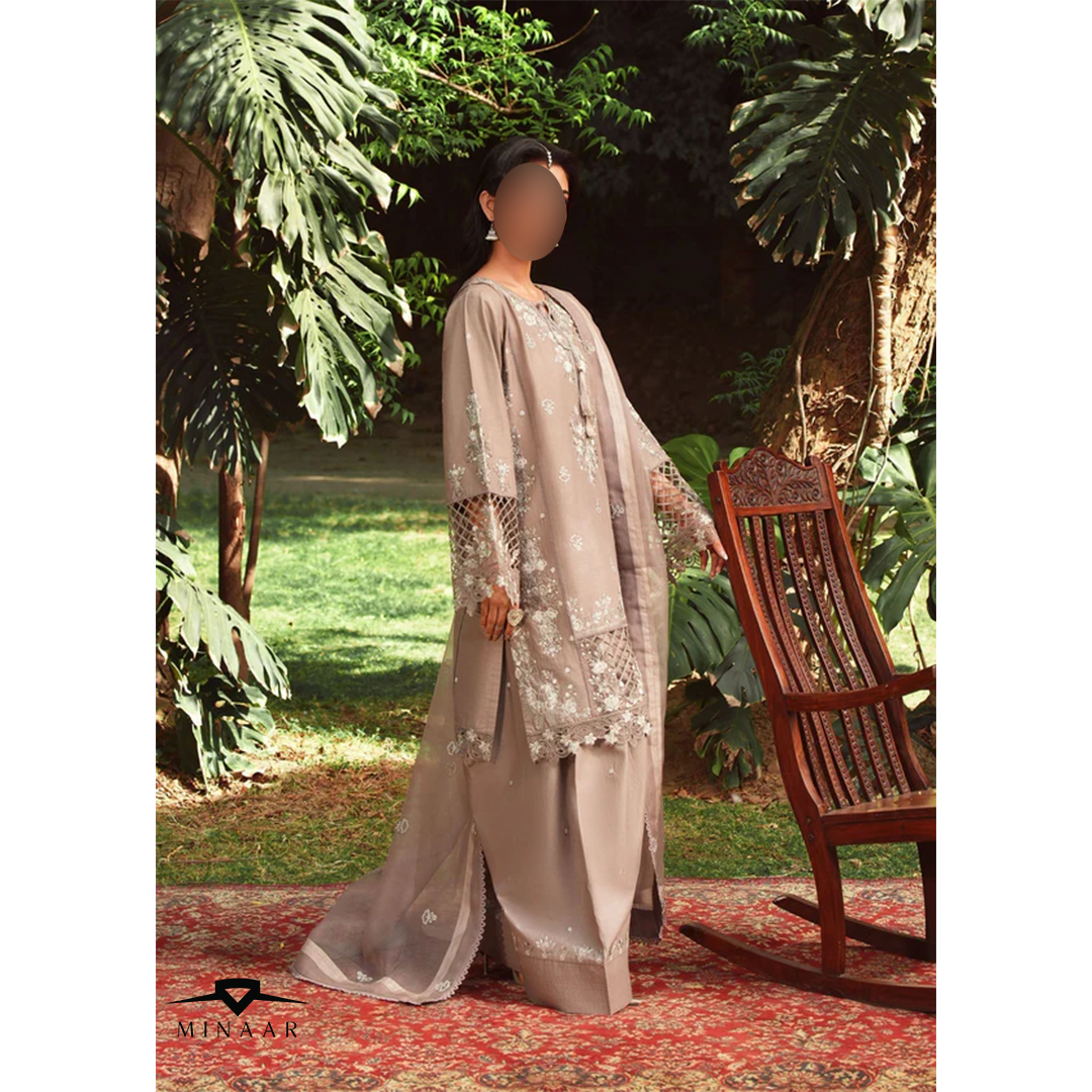 Beige embroidered lawn kurta set with farshi shalwar and organza net dupatta – 3-piece summer festive outfit for women.