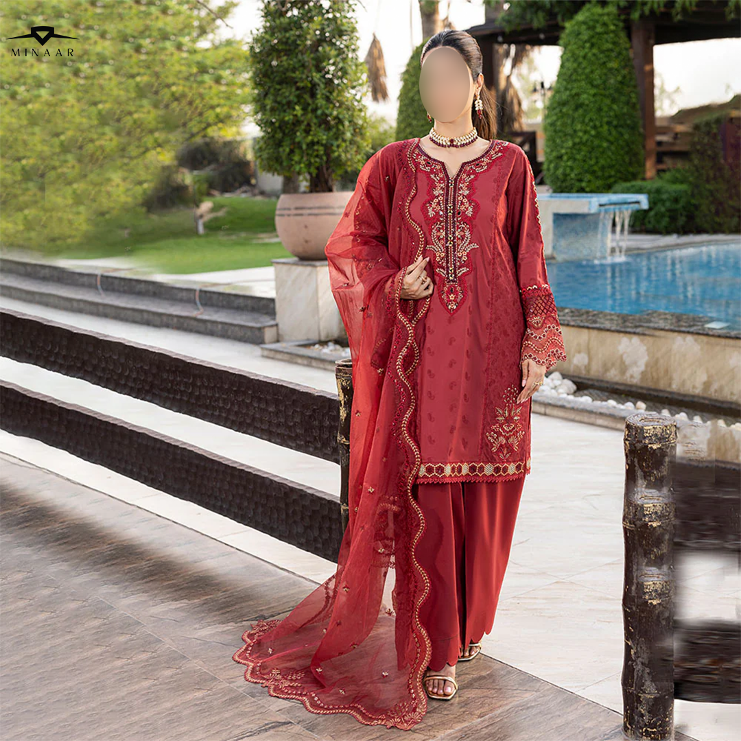 Ruby red Schiffli embroidered cotton suit with lace buttons, Farshi shalwar, and organza dupatta finished with embroidered pallu