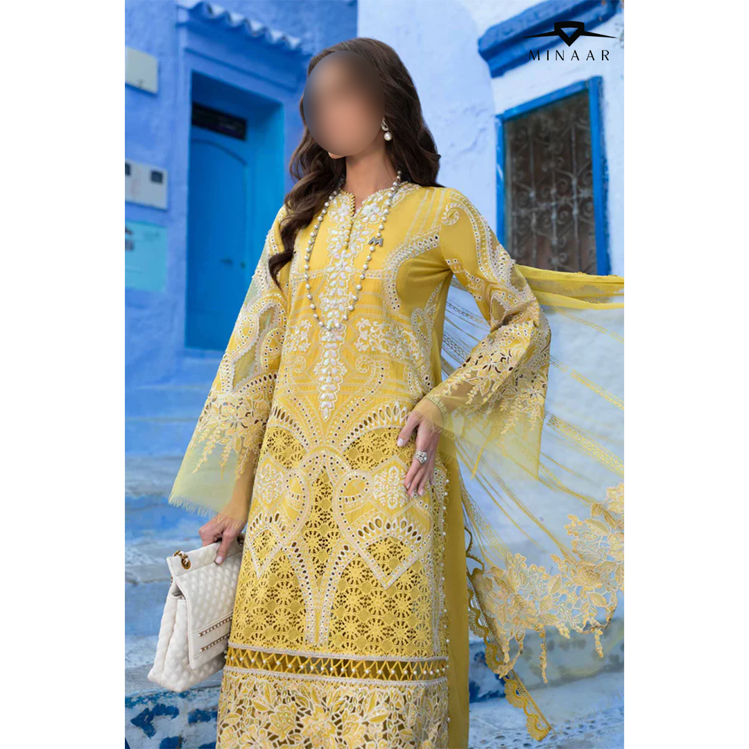 Stitched chikankari dress in lime yellow with embroidered ghera patch