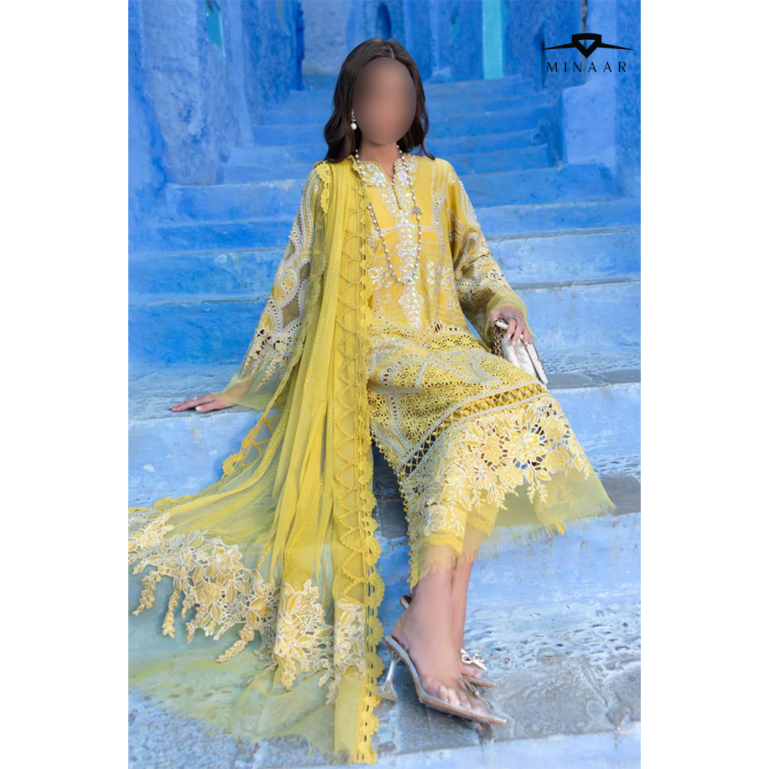 Festive lime yellow lawn outfit with organza and chiffon dupatta