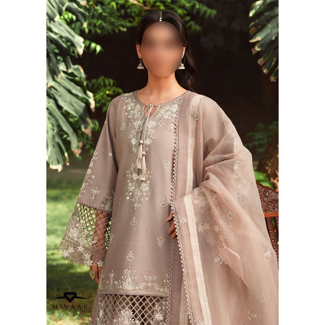 Beige embroidered lawn kurta set with farshi shalwar and organza net dupatta – 3-piece summer festive outfit for women.