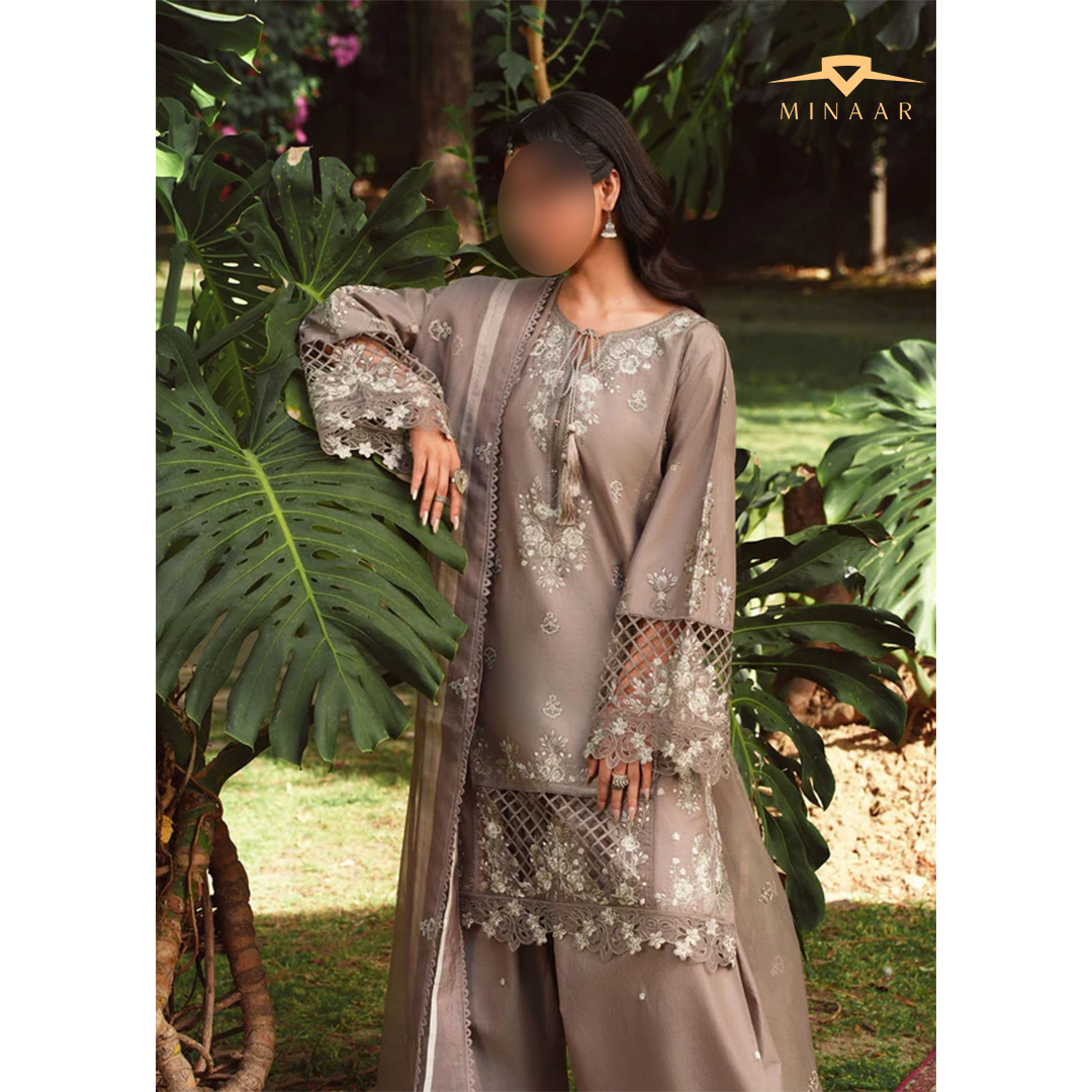 Beige Lawn Kurta Set with Organza Dupatta – 3 Piece Summer Festive Outfit for Women