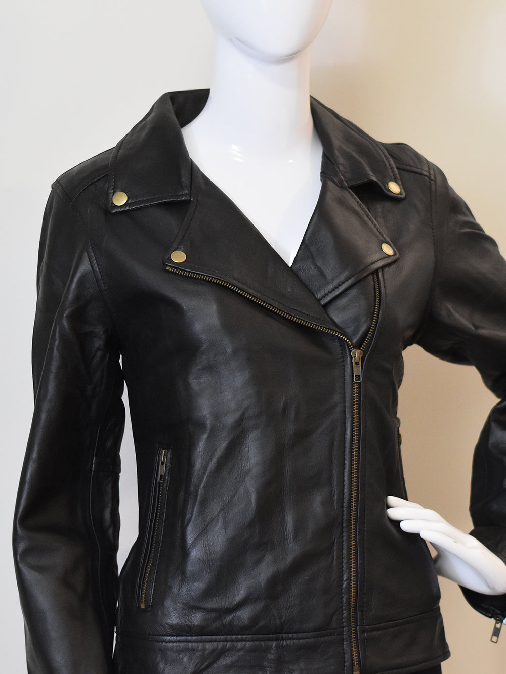 Women's Black Leather Biker Jacket - Stylish Moto Design