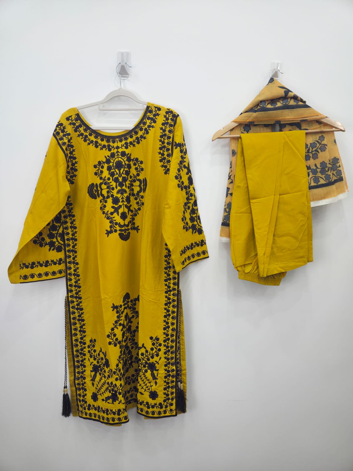 Yellow cotton lawn shirt with black embroidery and side tassels