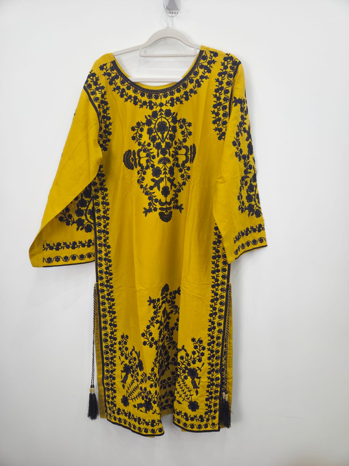 Yellow cotton lawn shirt with black embroidery and side tassels