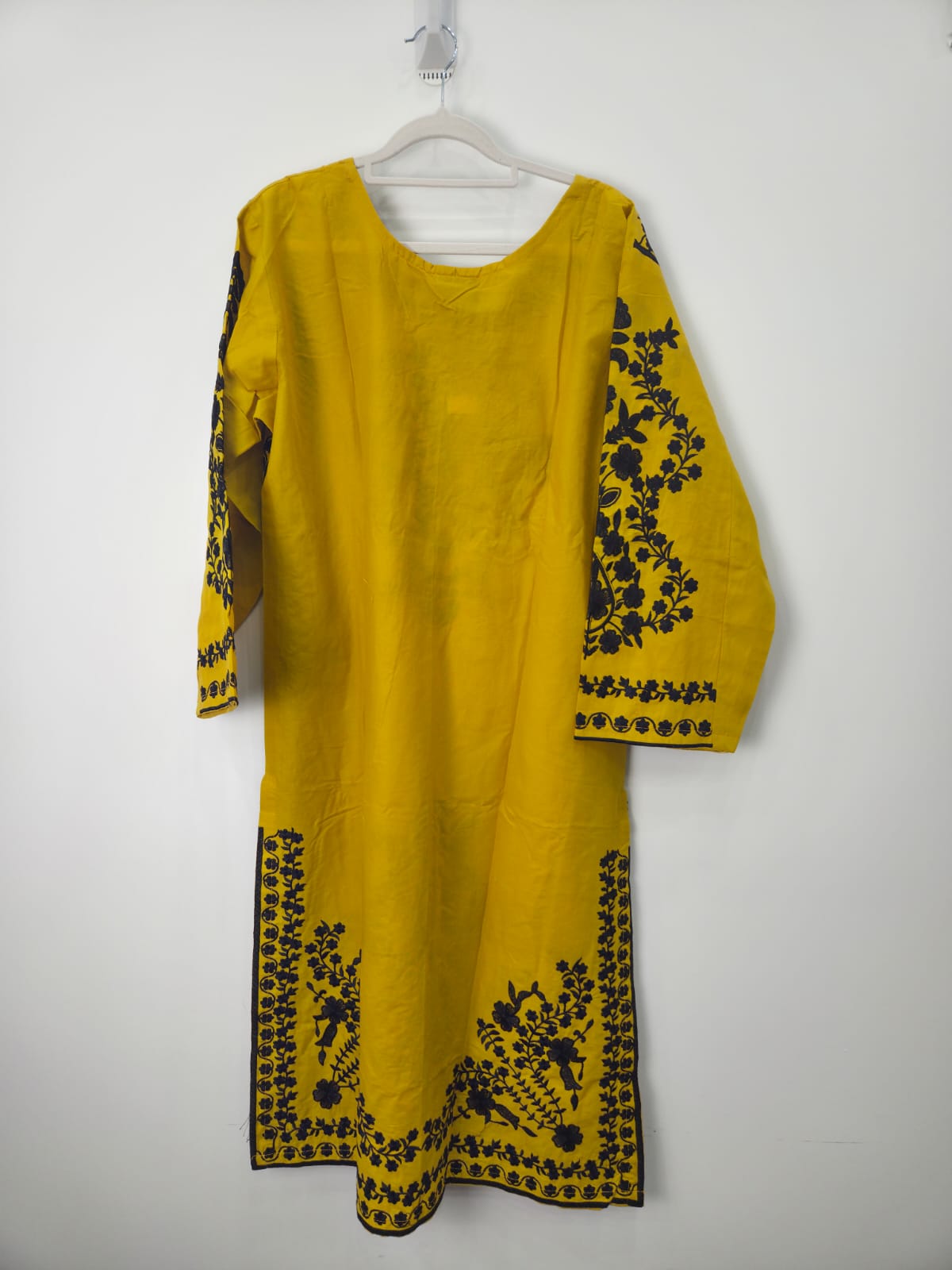 Yellow embroidered cotton lawn 3-piece suit with plain trouser and printed dupatta