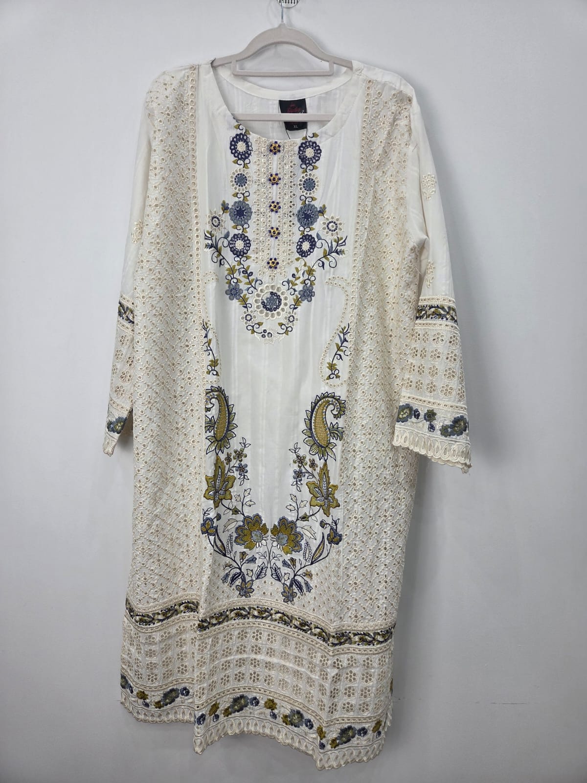 White chikankari doriya lawn shirt with multi embroidery and printed dupatta